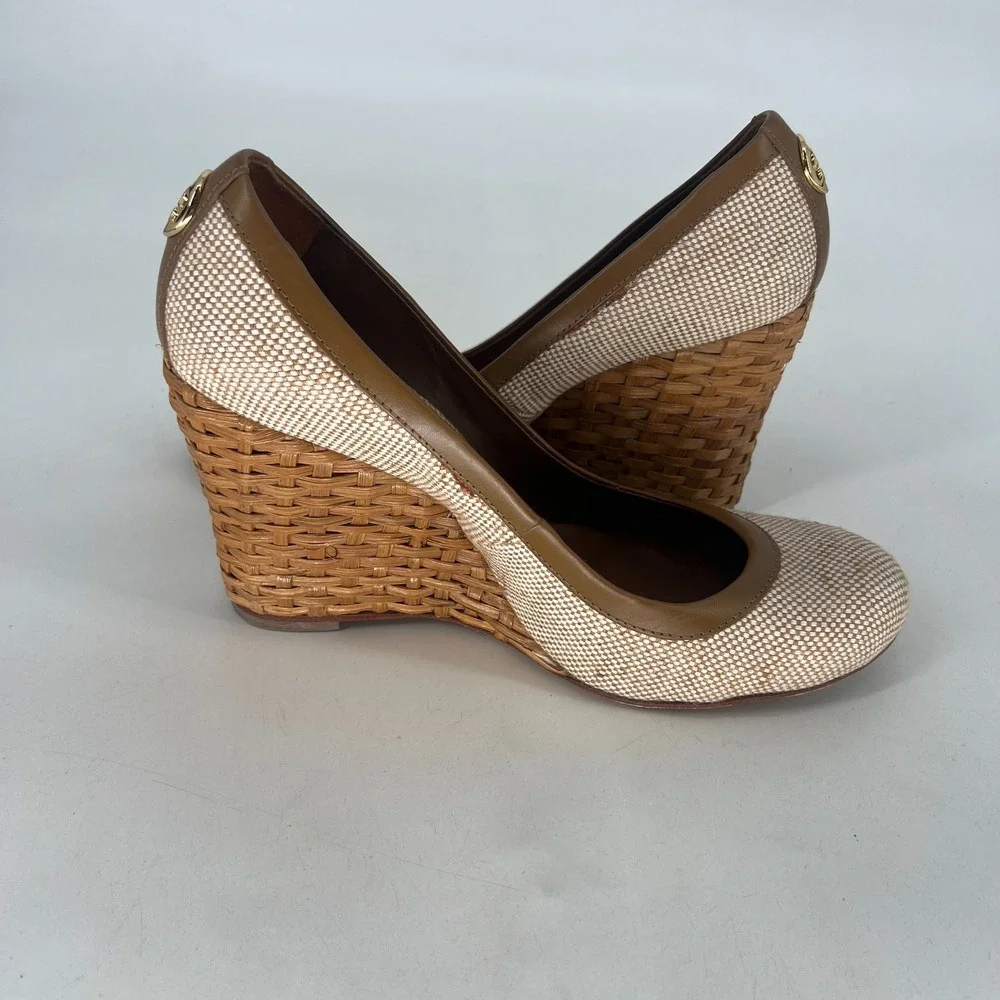 Tory Burch Wedges Womens 9.5M Woven Wicker Summer Sandal Heel Y2K Neutral